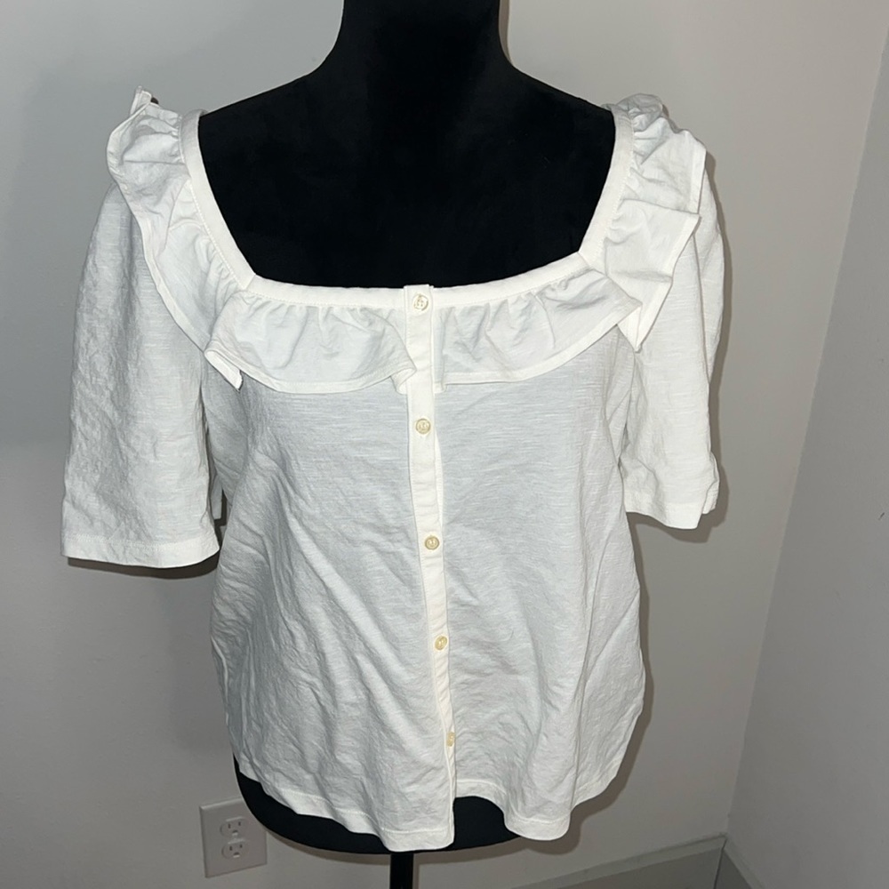 Ann Taylor Sz M white square neck shirt sleeves buttoned down ruffle trim